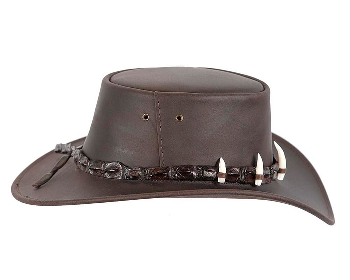 Brown Australian Leather Outback Jacaru Hat with Crосоdile Teeth - Hats From OZ