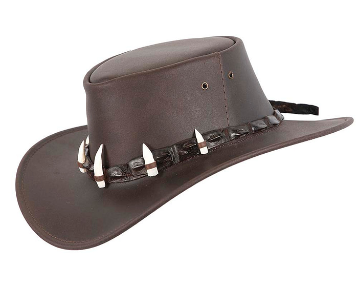 Brown Australian Leather Outback Jacaru Hat with Crосоdile Teeth - Hats From OZ