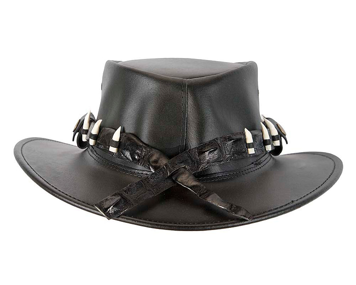 Black Australian Leather Outback Jacaru Hat with 15 Crосоdile Teeth - Hats From OZ