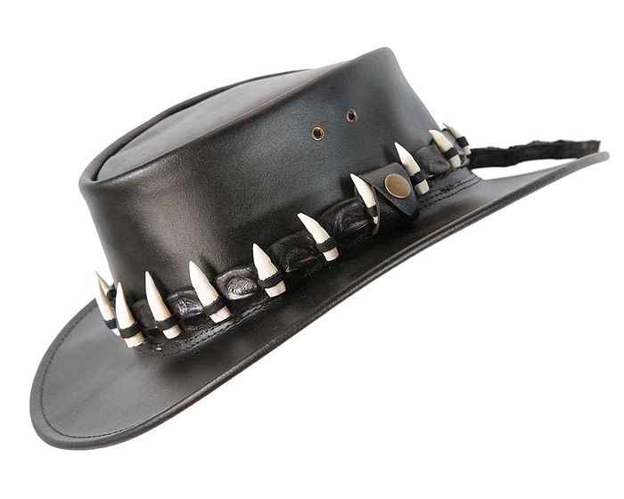 Black Australian Leather Outback Jacaru Hat with 15 Crосоdile Teeth - Hats From OZ