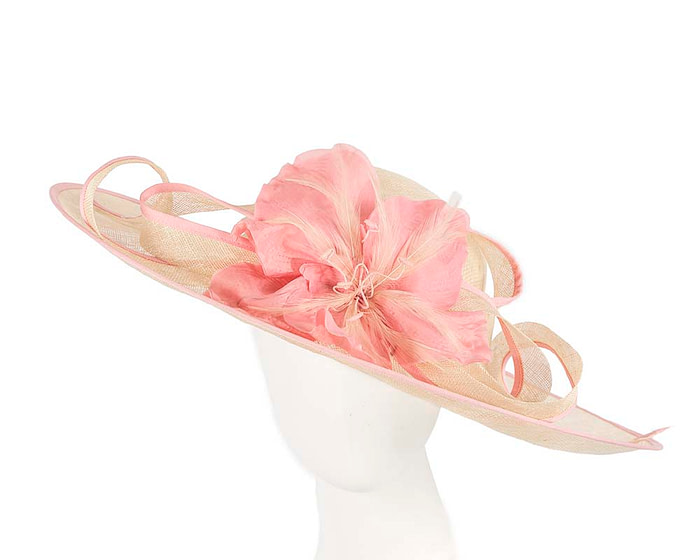 Large nude racing hat with pink flower by Cupids Millinery Melbourne - Hats From OZ