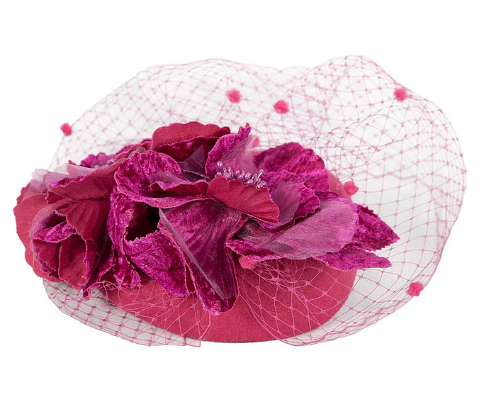 Fuchsia winter racing felt pillbox with flower and veiling by Fillies Collection - Hats From OZ