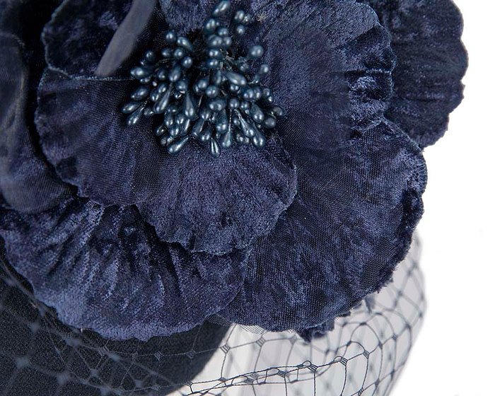 Navy winter racing felt pillbox with flower and veiling by Fillies Collection - Hats From OZ