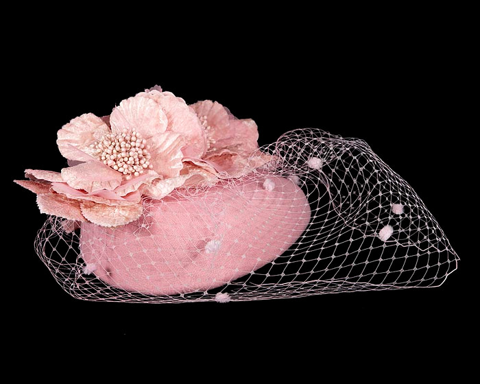 Pink winter racing felt pillbox with flower and veiling by Fillies Collection - Hats From OZ
