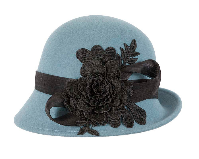 Blue felt cloche hat with lace by Fillies Collection - Hats From OZ