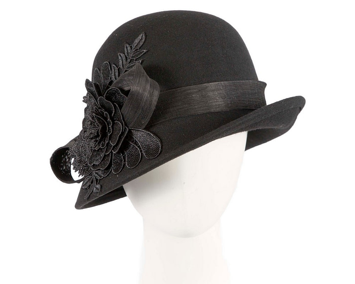 Black felt cloche hat with lace by Fillies Collection - Hats From OZ