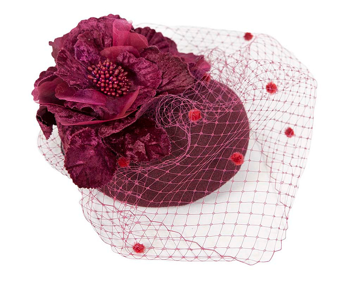 Burgundy winter racing felt pillbox with flower and veiling by Fillies Collection - Hats From OZ