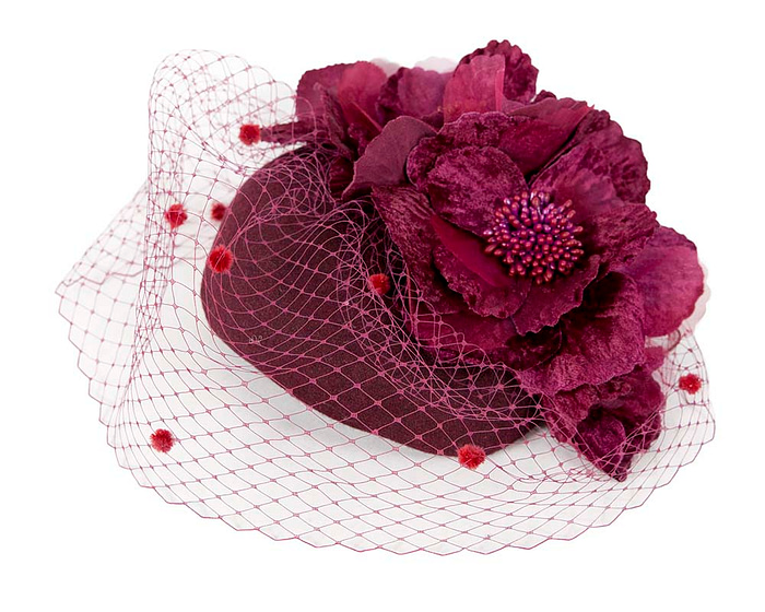 Burgundy winter racing felt pillbox with flower and veiling by Fillies Collection - Hats From OZ