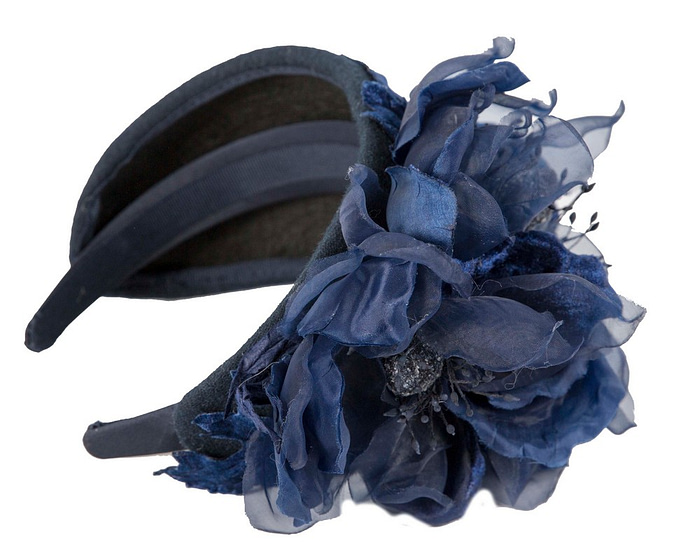 Wide navy headband with silk flower - Hats From OZ