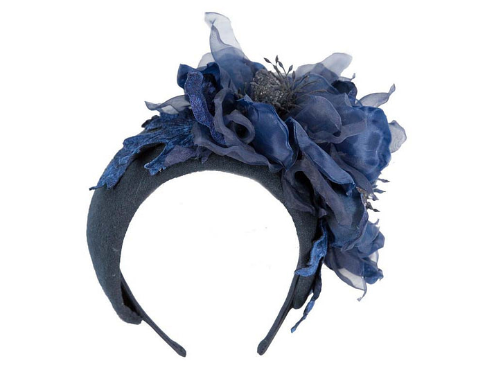 Wide navy headband with silk flower - Hats From OZ