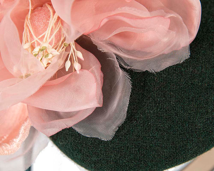 Green & pink pillbox with large flower by Fillies Collection - Hats From OZ