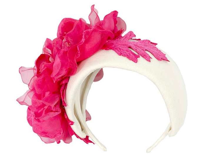 Wide cream headband with fuchsia silk flower - Hats From OZ
