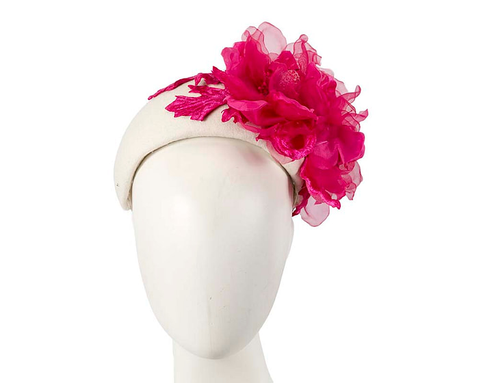 Wide cream headband with fuchsia silk flower - Hats From OZ