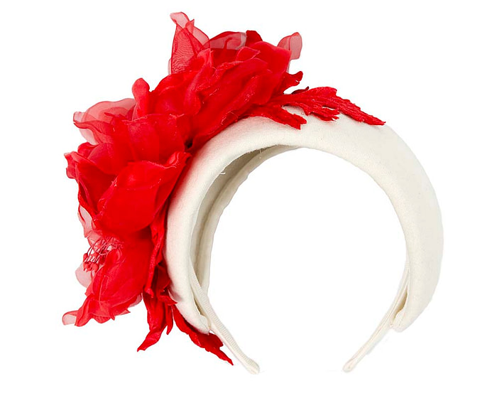 Wide cream headband with red silk flower - Hats From OZ