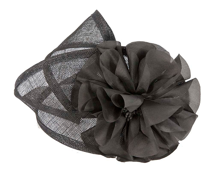 Black sinamay fascinator with flower for Melbourne Cup races - Hats From OZ