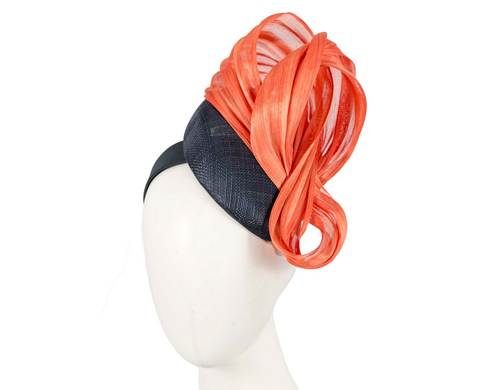Navy pillbox fascinator with orange silk abaca bow by Fillies Collection - Hats From OZ