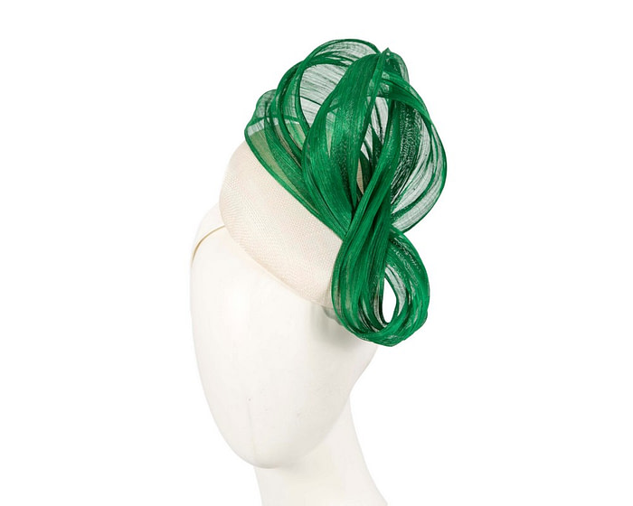 White pillbox fascinator with green silk abaca bow by Fillies Collection - Hats From OZ