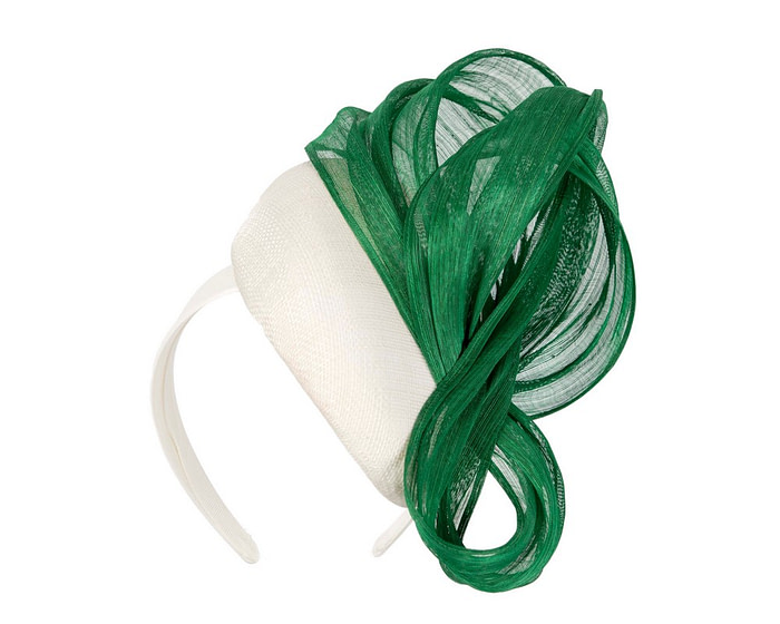 White pillbox fascinator with green silk abaca bow by Fillies Collection - Hats From OZ