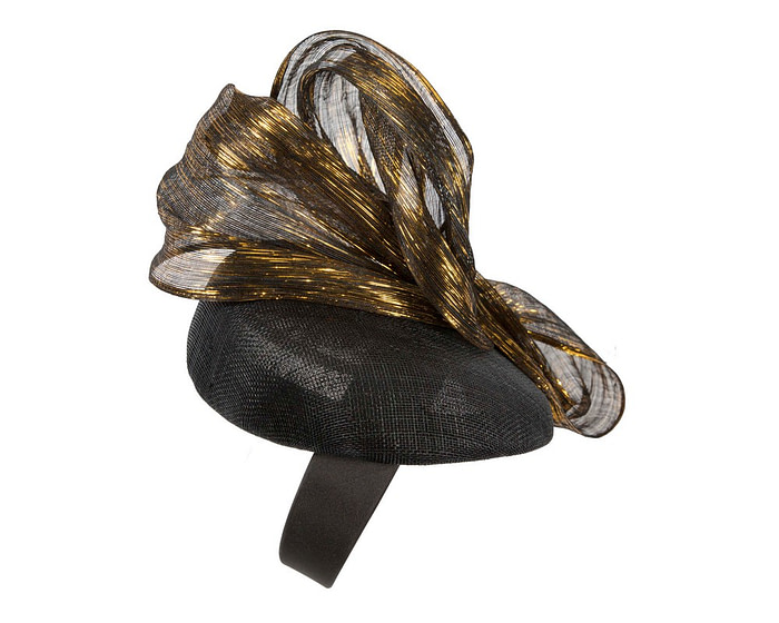 Black pillbox fascinator with gold bow by Fillies Collection - Hats From OZ