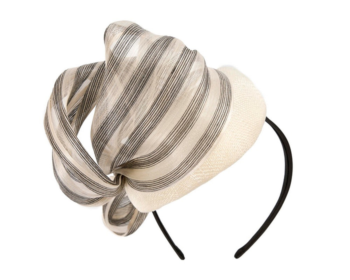 Cream pillbox fascinator with stripy silk abaca bow by Fillies Collection - Hats From OZ