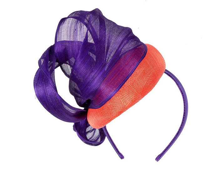 Orange pillbox fascinator with purple silk abaca bow by Fillies Collection - Hats From OZ