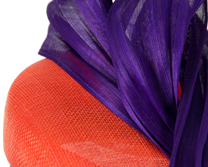 Orange pillbox fascinator with purple silk abaca bow by Fillies Collection - Hats From OZ