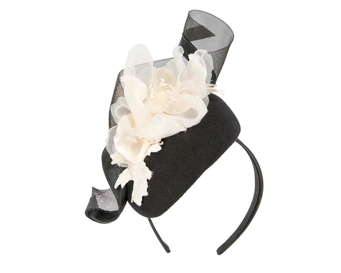 Black winter pillbox fascinator with white flower - Hats From OZ