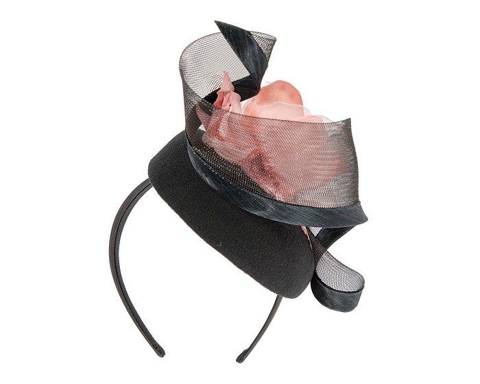 Black winter pillbox fascinator with pink flower - Hats From OZ