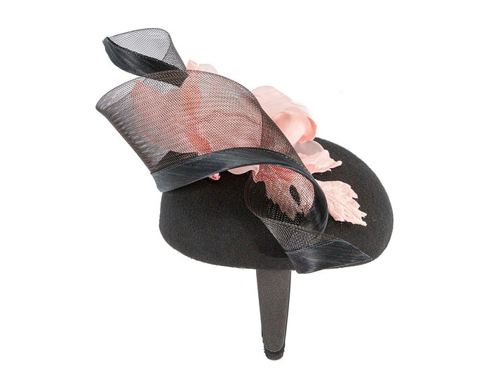 Black winter pillbox fascinator with pink flower - Hats From OZ