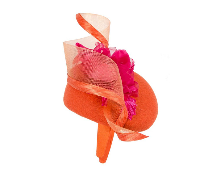 Orange winter pillbox fascinator with fuchsia flower - Hats From OZ