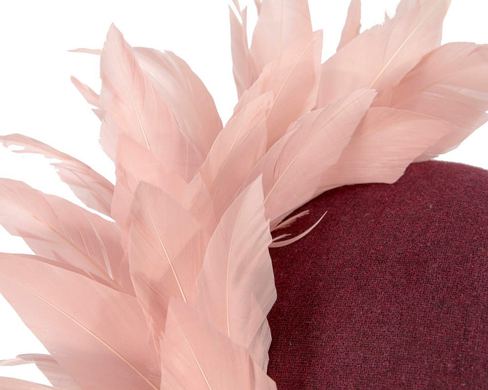 Burgundy & pink feather winter facing fascinator - Hats From OZ