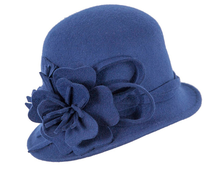 Blue felt winter hat with flower by Max Alexander - Hats From OZ