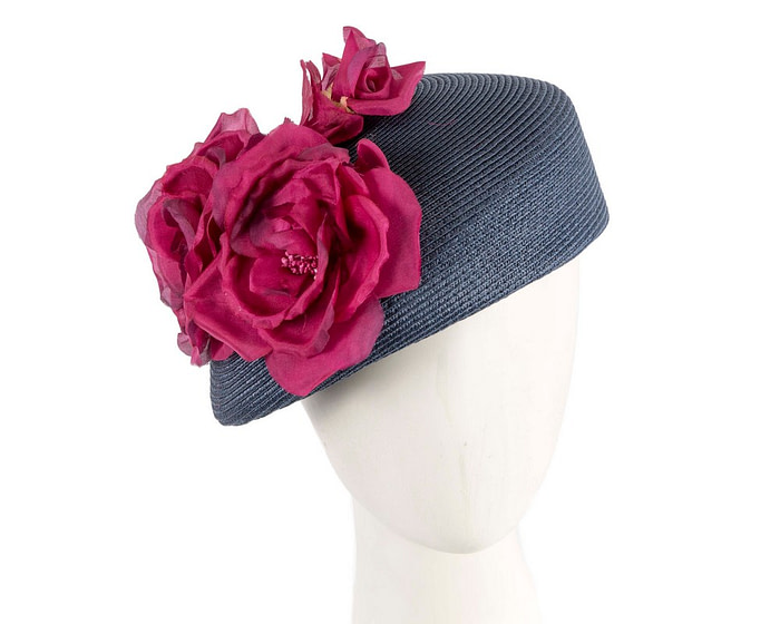 Modern navy beret hat with fuchsia flowers by Max Alexander - Hats From OZ