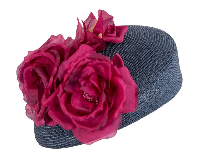 Modern navy beret hat with fuchsia flowers by Max Alexander - Hats From OZ