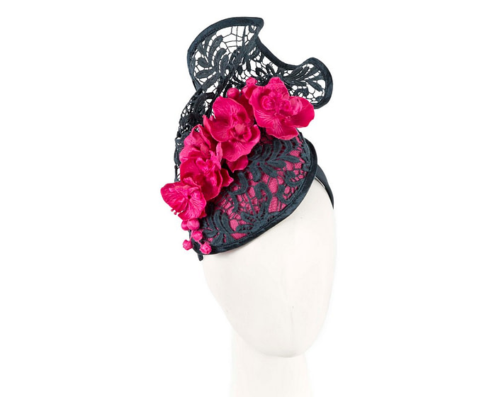 Fuchsia & navy lace covered pillbox fascinator - Hats From OZ