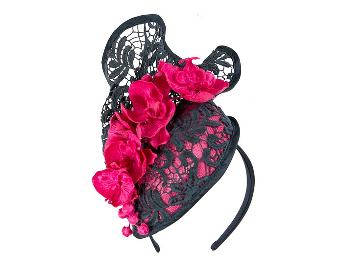 Fuchsia & navy lace covered pillbox fascinator - Hats From OZ