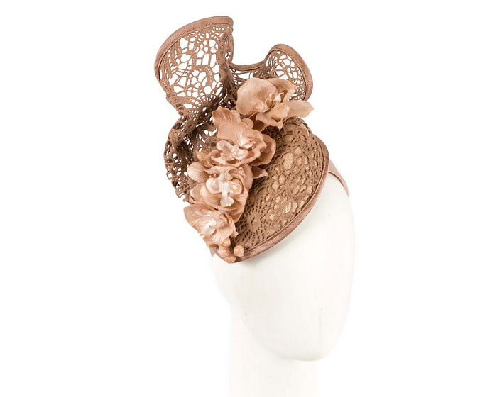 Taupe lace covered pillbox fascinator - Hats From OZ