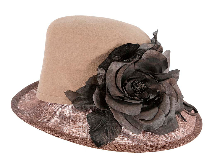 Exclusive cofee ladies winter fashion hat with flower by Cupids Millinery - Hats From OZ
