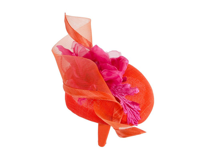 Orange pillbox fascinator with fuchsia flower by Fillies Collection - Hats From OZ