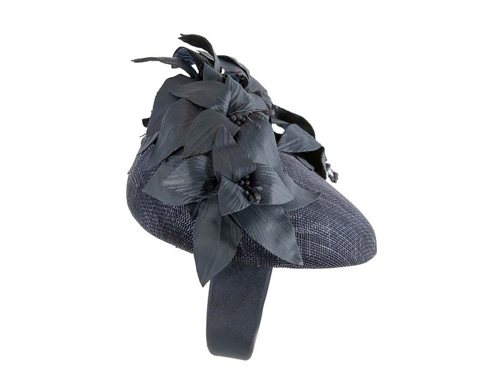 Navy pillbox with leather flowers by Fillies Collection - Hats From OZ