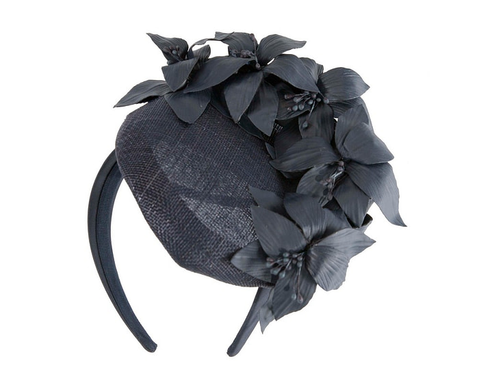 Navy pillbox with leather flowers by Fillies Collection - Hats From OZ