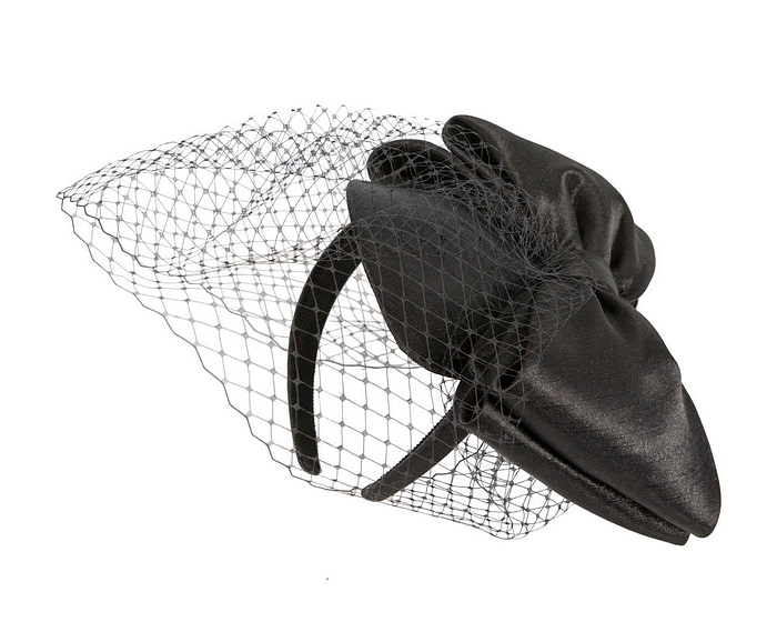 Black satin fascinator with big bow & veil by Max Alexander - Hats From OZ