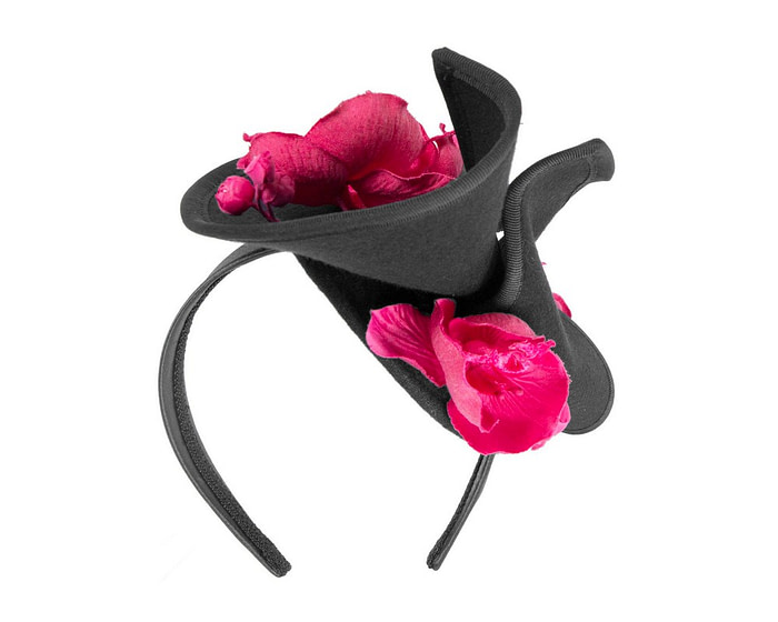 Black and fuchsia winter felt fascinator with orchid - Hats From OZ