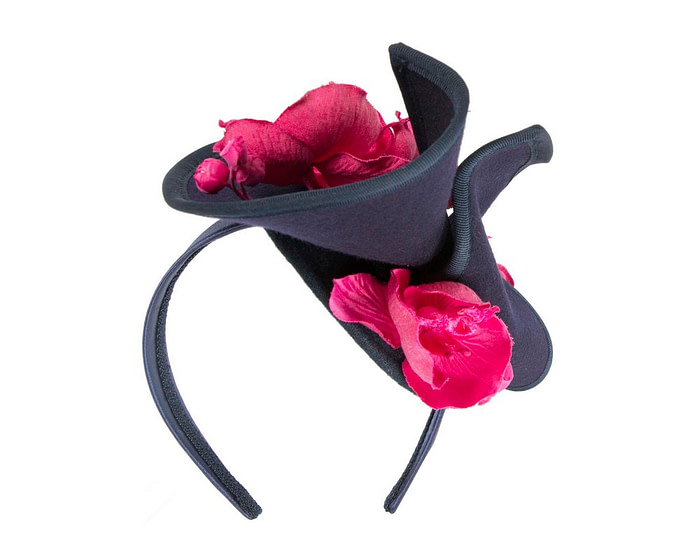 Navy and fuchsia winter felt fascinator with orchid - Hats From OZ