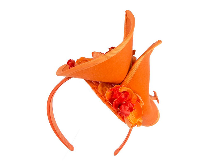 Orange winter felt fascinator with orchid - Hats From OZ