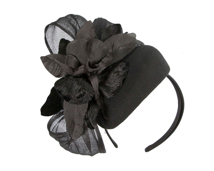 Bespoke black flower pillbox by Fillies Collection - Hats From OZ