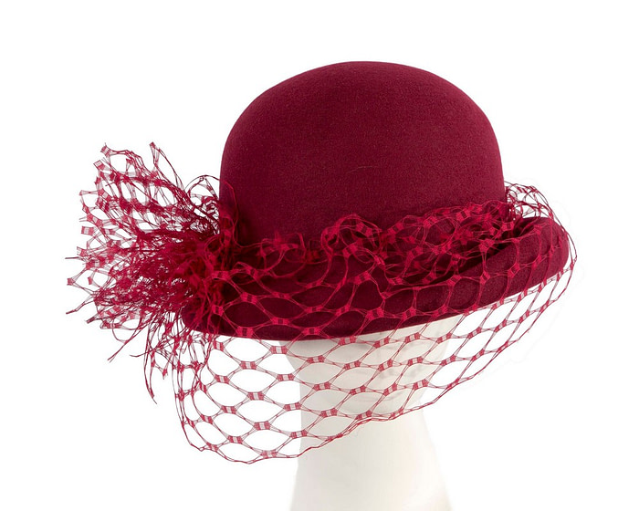 Burgundy wine winter felt cloche hat with face veil - Hats From OZ