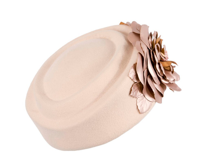 Large nude felt beret with leather flower - Hats From OZ
