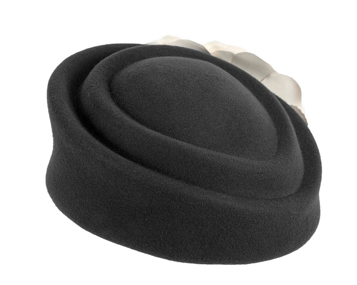 Large black & cream felt beret with leather flower - Hats From OZ