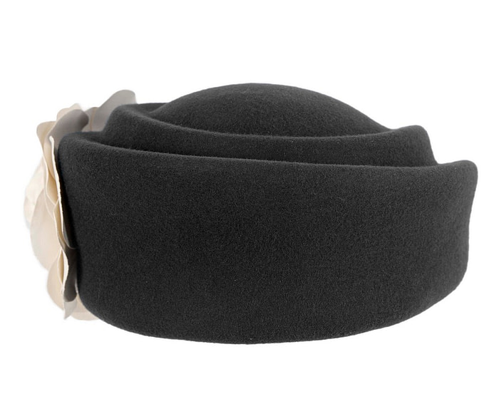 Large black felt beret with leather flower - Hats From OZ